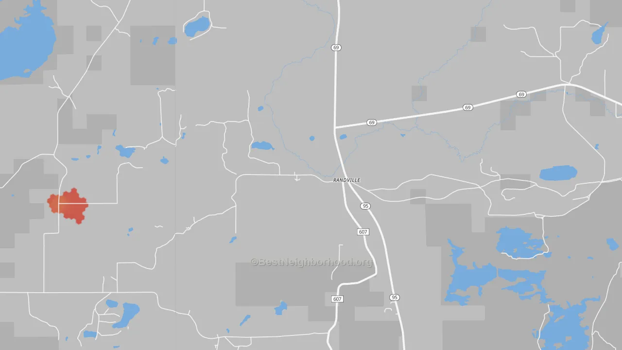 Walk Grade map of Randville, MI, walkable areas in green and car-dependent areas in red