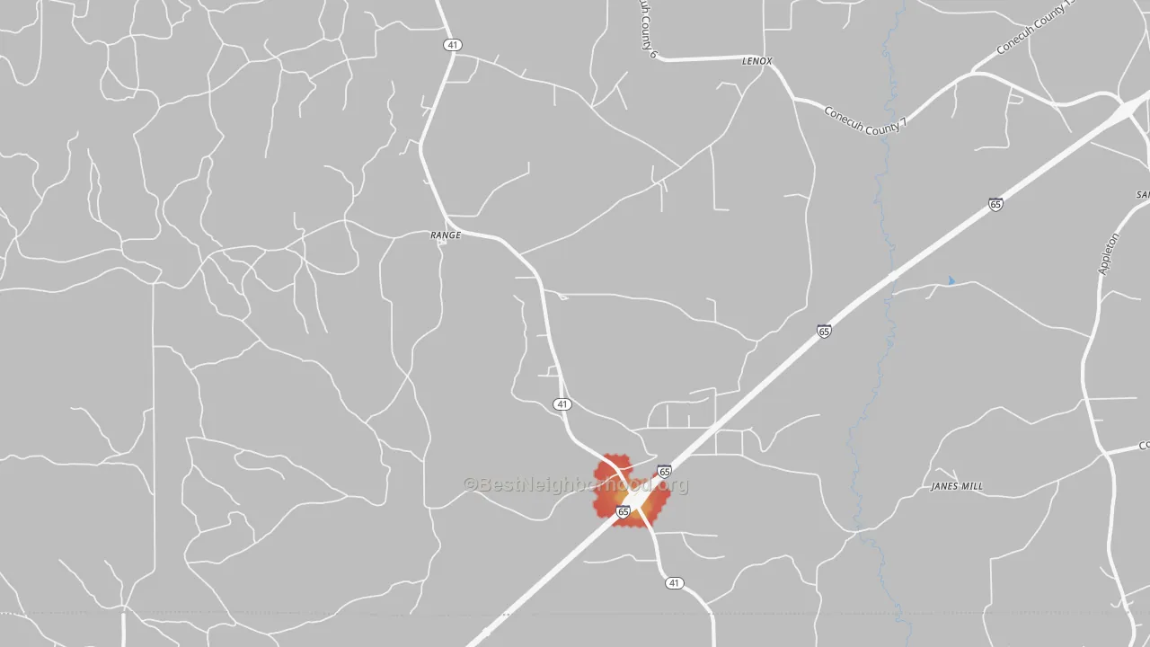Walk Grade map of Range, AL, walkable areas in green and car-dependent areas in red