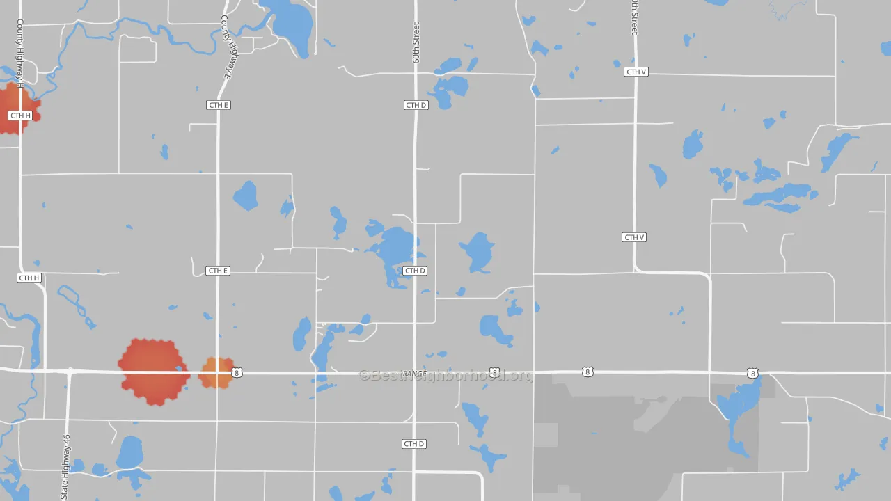 Walk Grade map of Range, WI, walkable areas in green and car-dependent areas in red
