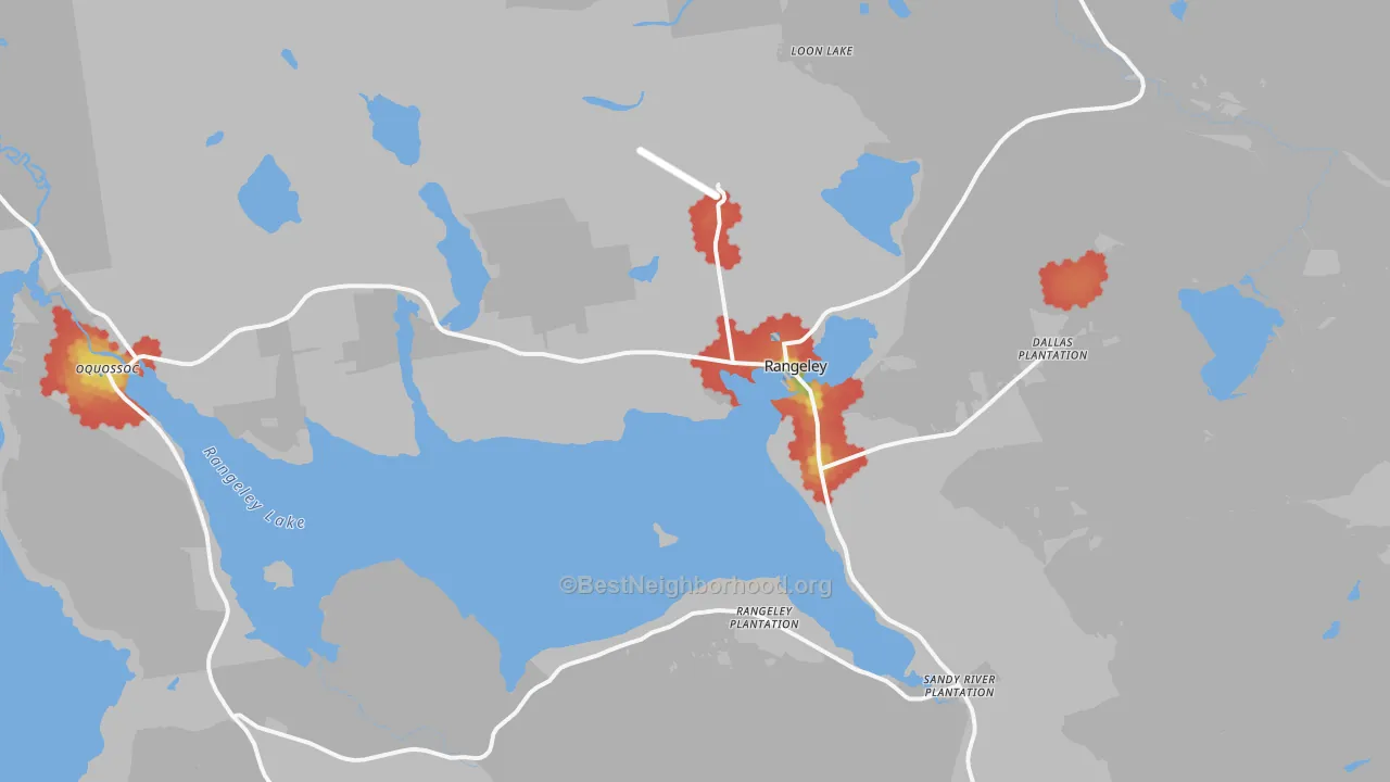 Walk Grade map of Rangeley, ME, walkable areas in green and car-dependent areas in red