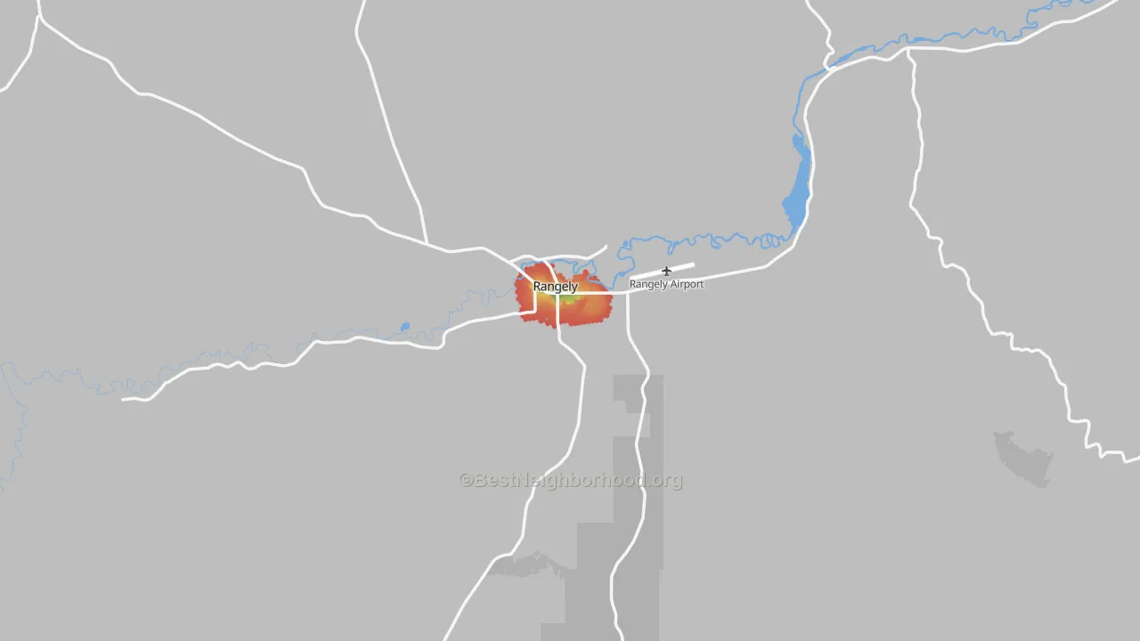 Walk Grade map of Rangely, CO, walkable areas in green and car-dependent areas in red