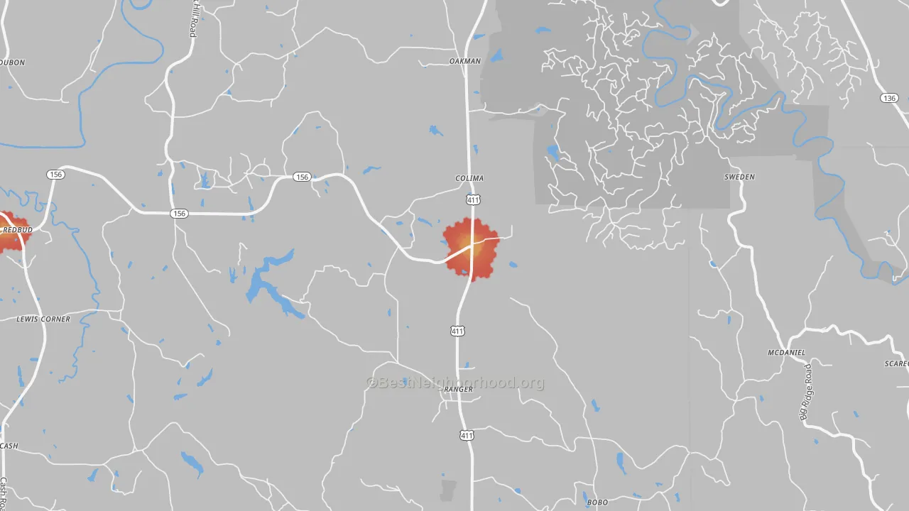 Walk Grade map of Ranger, GA, walkable areas in green and car-dependent areas in red