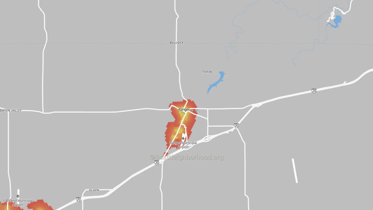Walk Grade map of Ranger, TX, walkable areas in green and car-dependent areas in red