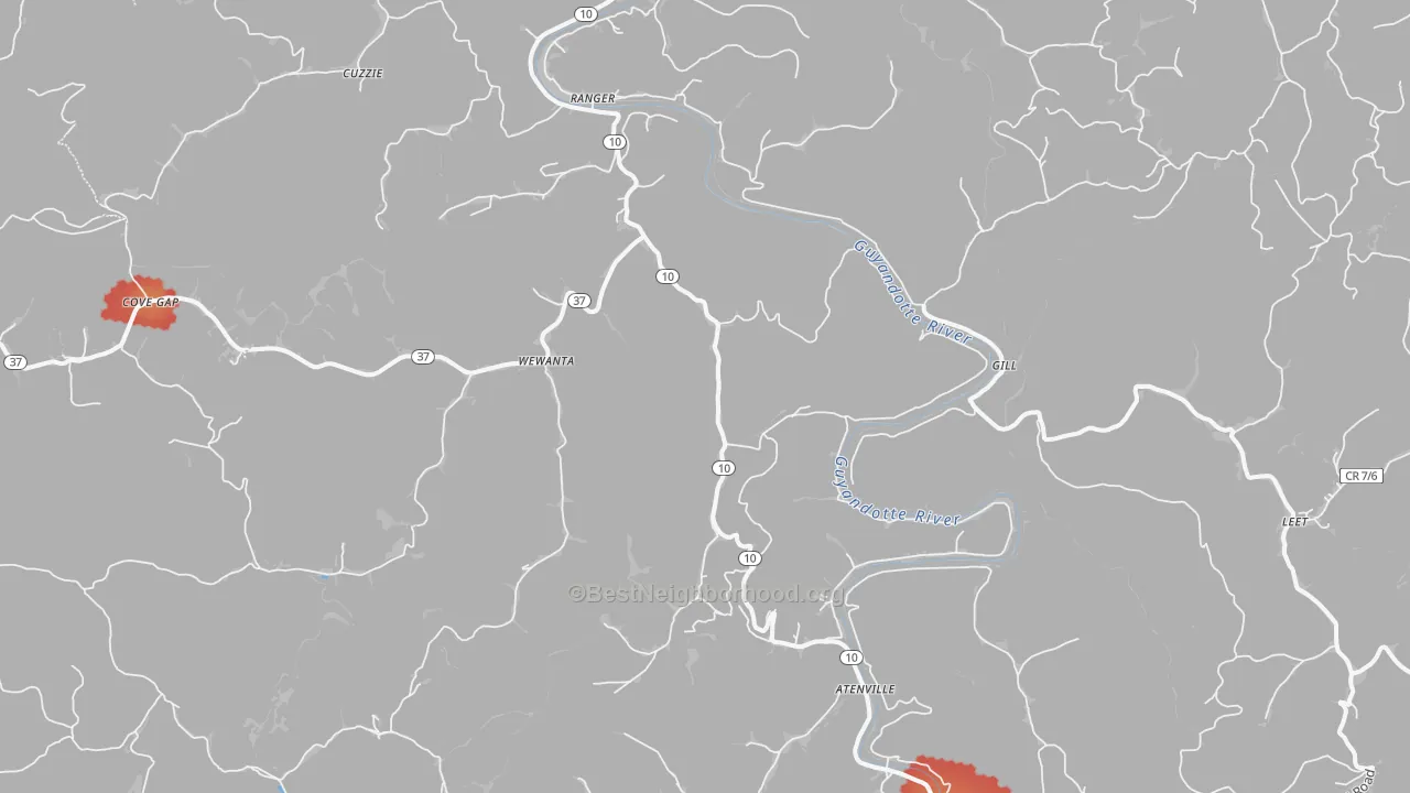 Walk Grade map of Ranger, WV, walkable areas in green and car-dependent areas in red