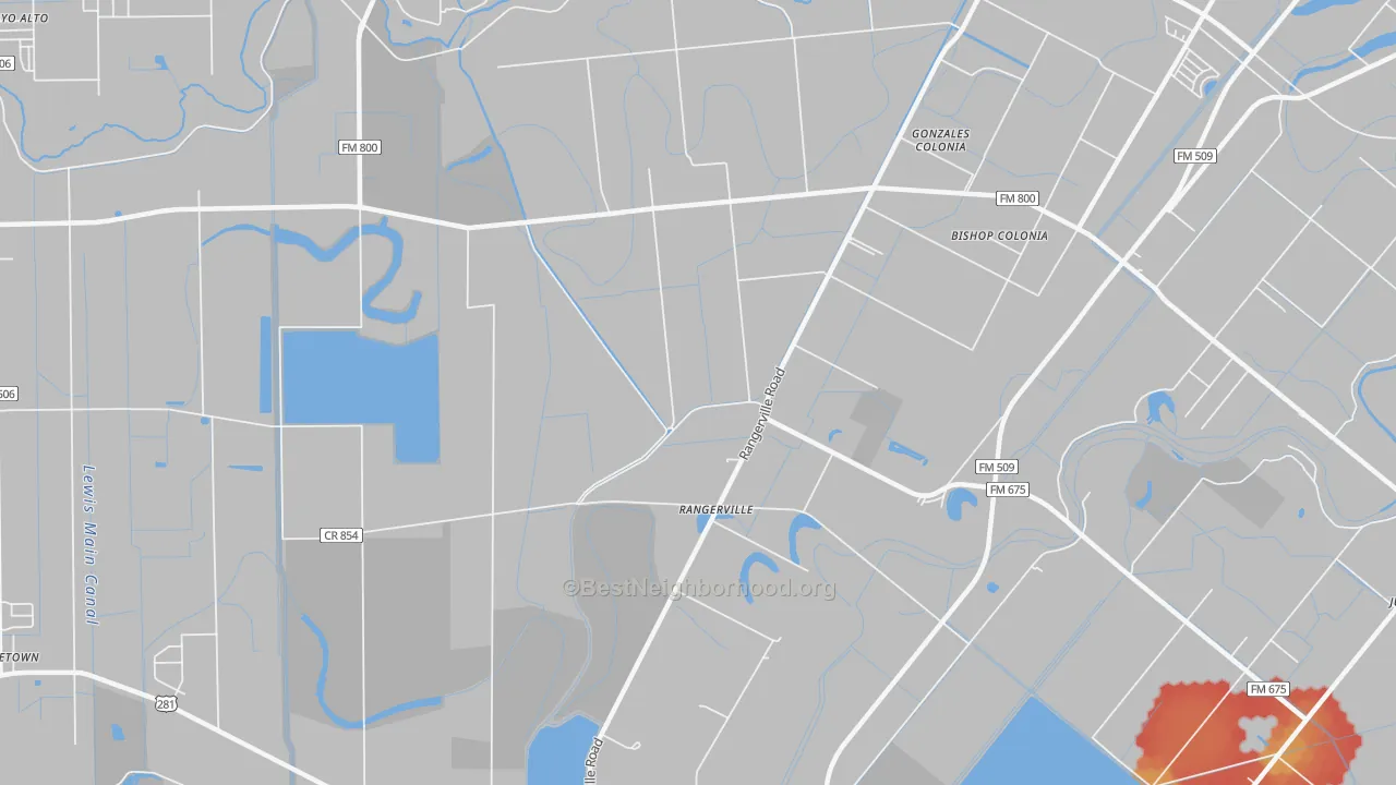 Walk Grade map of Rangerville, TX, walkable areas in green and car-dependent areas in red