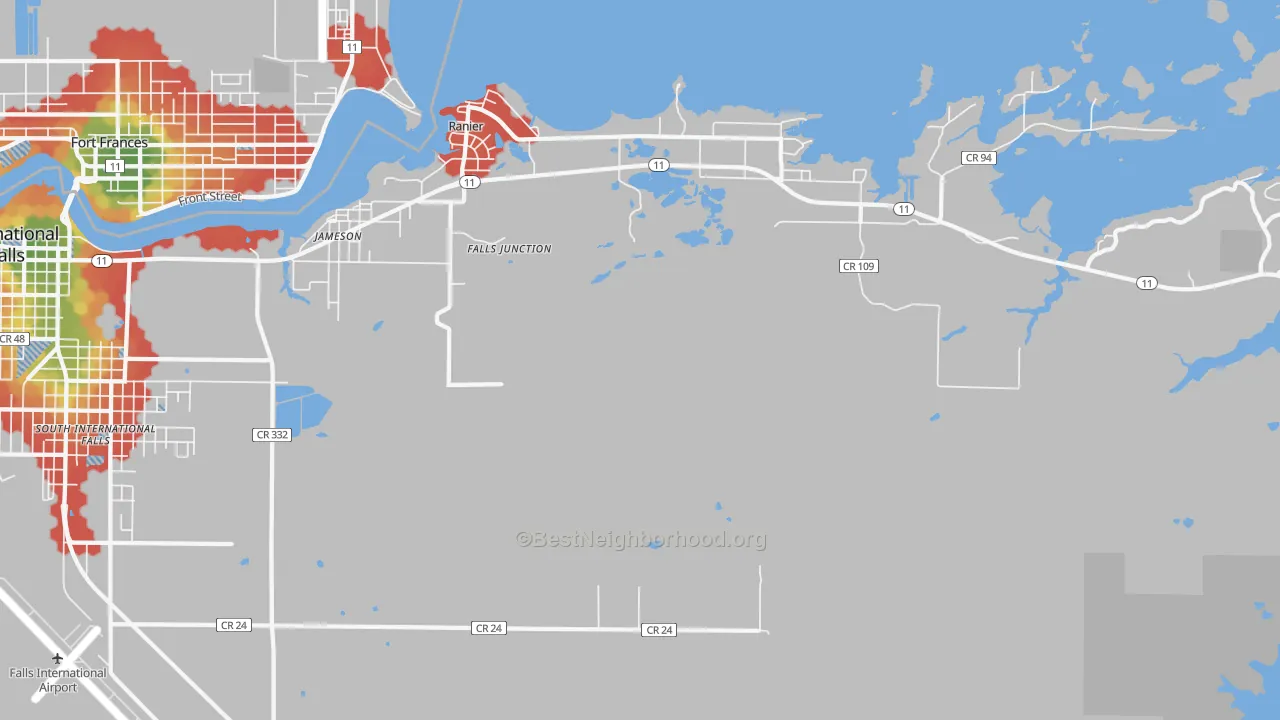 Walk Grade map of Ranier, MN, walkable areas in green and car-dependent areas in red