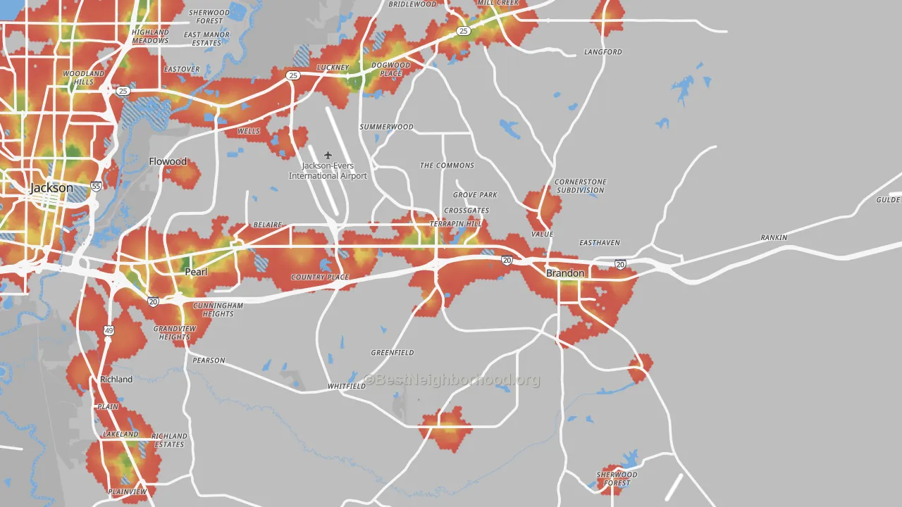 Walk Grade map of Rankin County, MS, walkable areas in green and car-dependent areas in red