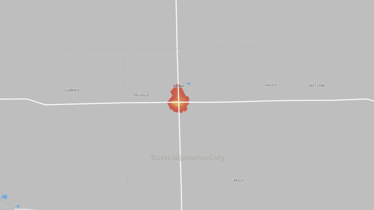 Walk Grade map of Rankin, IL, walkable areas in green and car-dependent areas in red