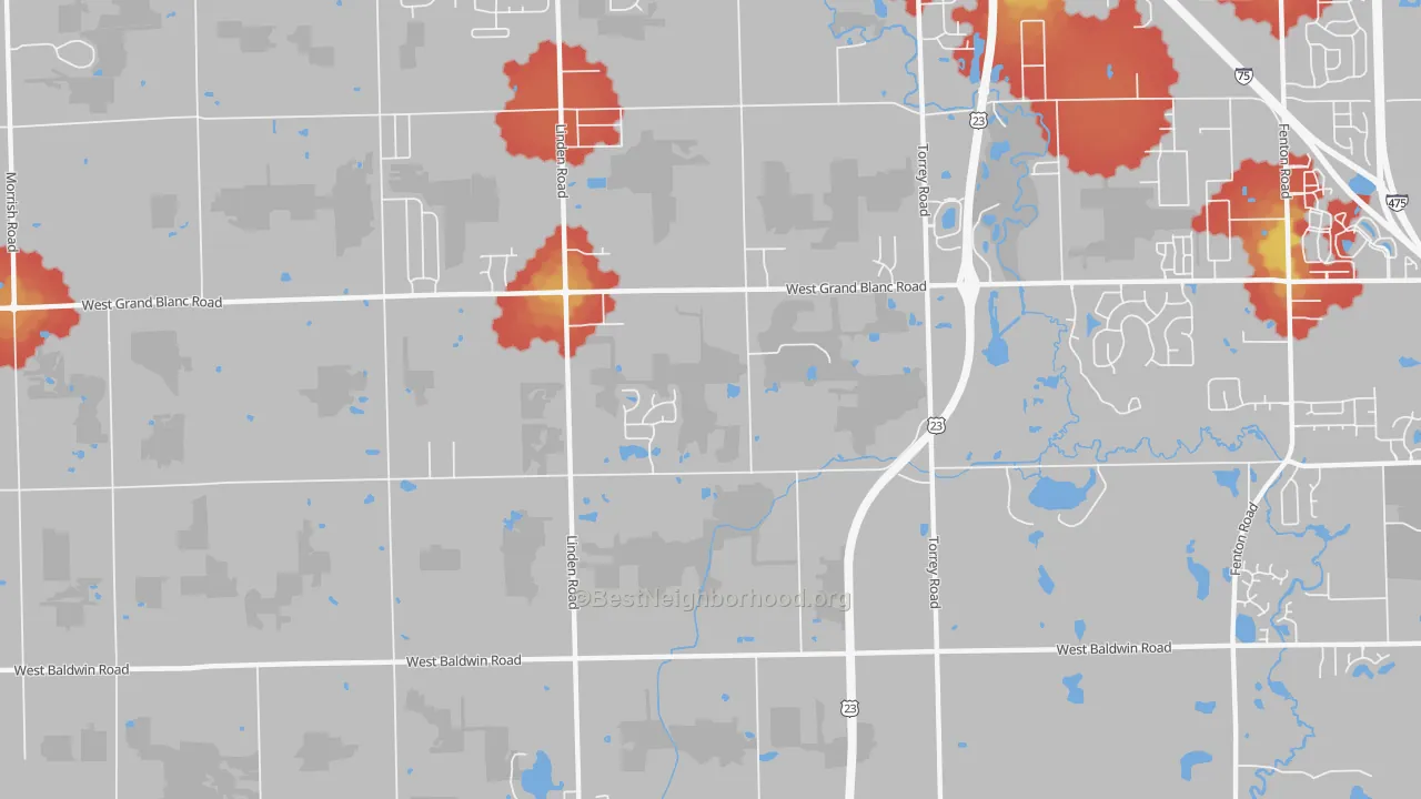 Walk Grade map of Rankin, MI, walkable areas in green and car-dependent areas in red