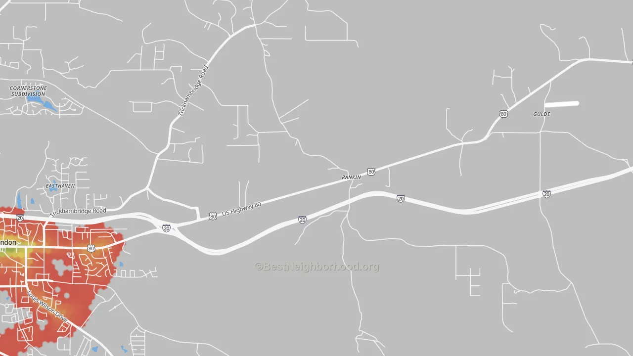 Walk Grade map of Rankin, MS, walkable areas in green and car-dependent areas in red