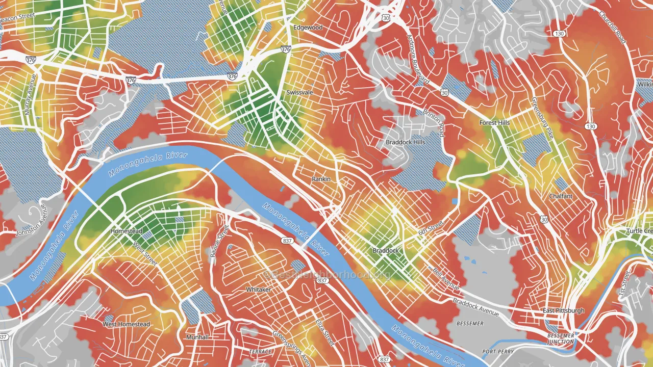 Walk Grade map of Rankin, PA, walkable areas in green and car-dependent areas in red