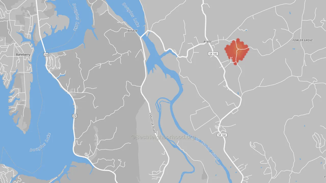 Walk Grade map of Rankin, TN, walkable areas in green and car-dependent areas in red