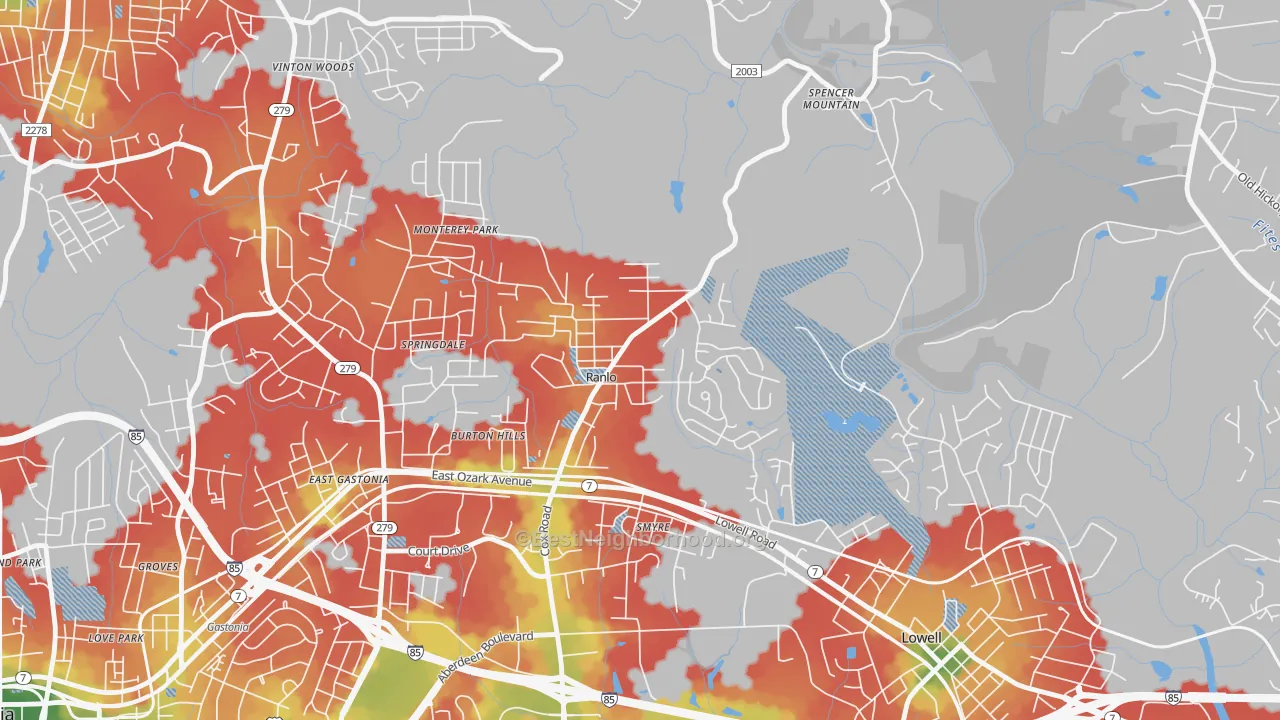 Walk Grade map of Ranlo, NC, walkable areas in green and car-dependent areas in red