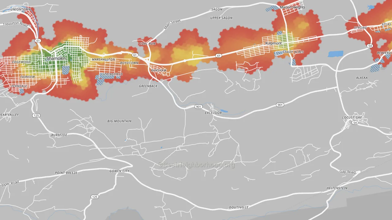 Walk Grade map of Ranshaw, PA, walkable areas in green and car-dependent areas in red