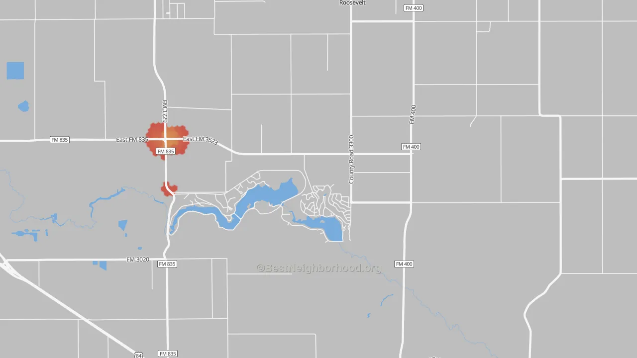 Walk Grade map of Ransom Canyon, TX, walkable areas in green and car-dependent areas in red