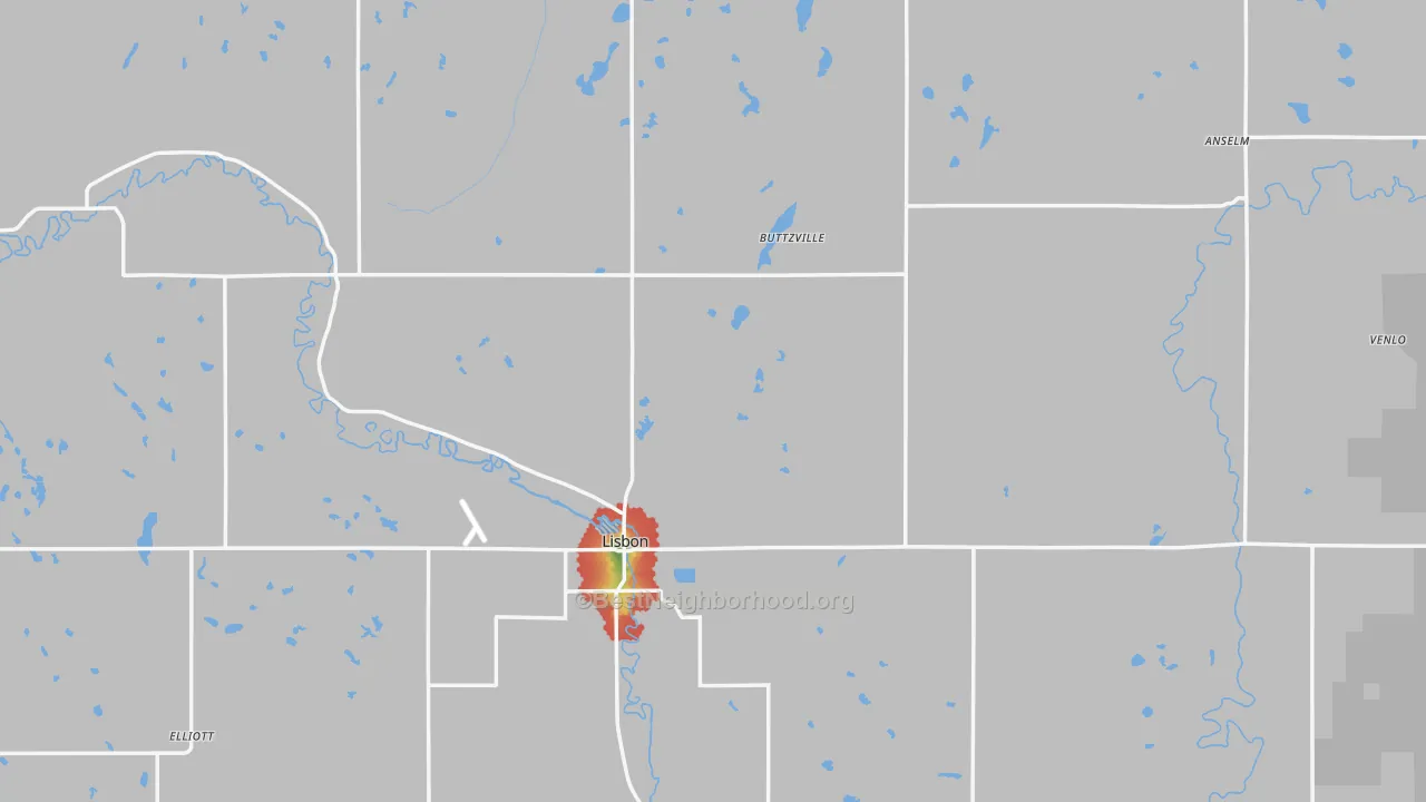 Walk Grade map of Ransom County, ND, walkable areas in green and car-dependent areas in red