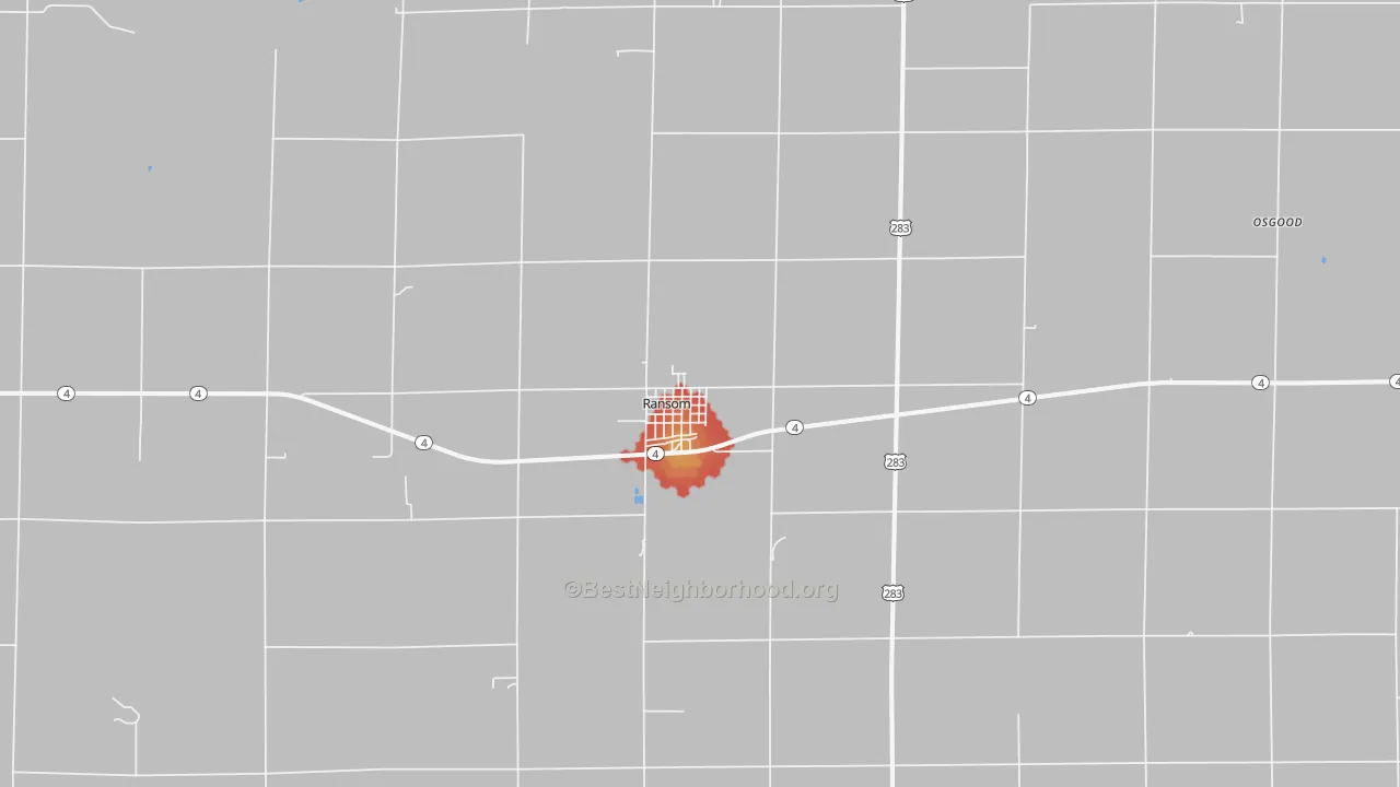 Walk Grade map of Ransom, KS, walkable areas in green and car-dependent areas in red