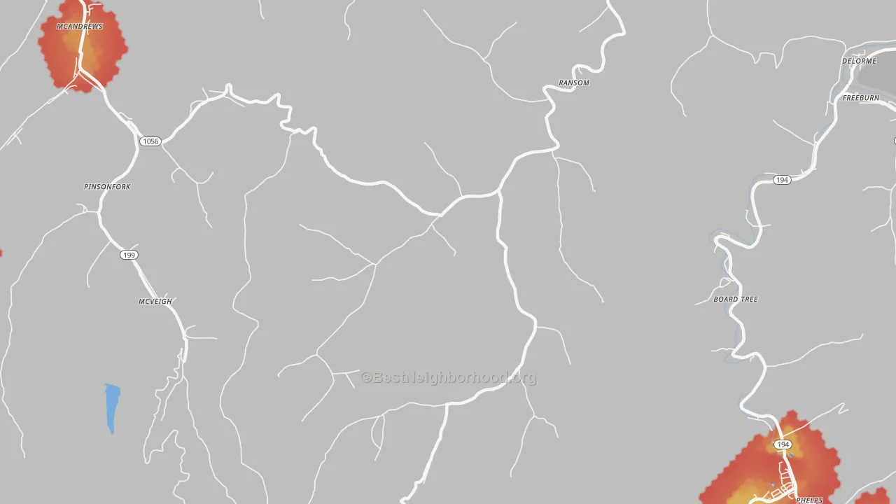 Walk Grade map of Ransom, KY, walkable areas in green and car-dependent areas in red