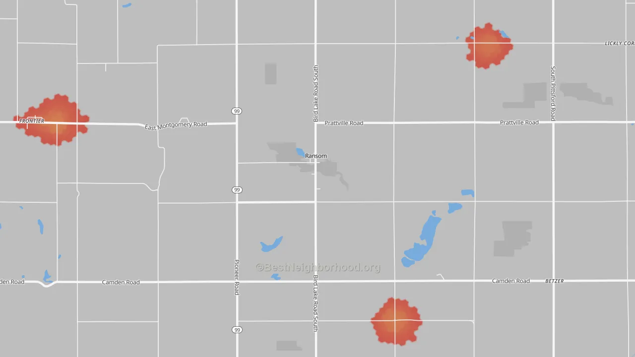 Walk Grade map of Ransom, MI, walkable areas in green and car-dependent areas in red