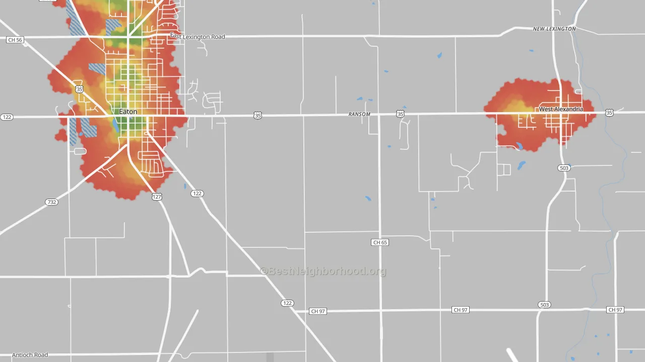 Walk Grade map of Ransom, OH, walkable areas in green and car-dependent areas in red