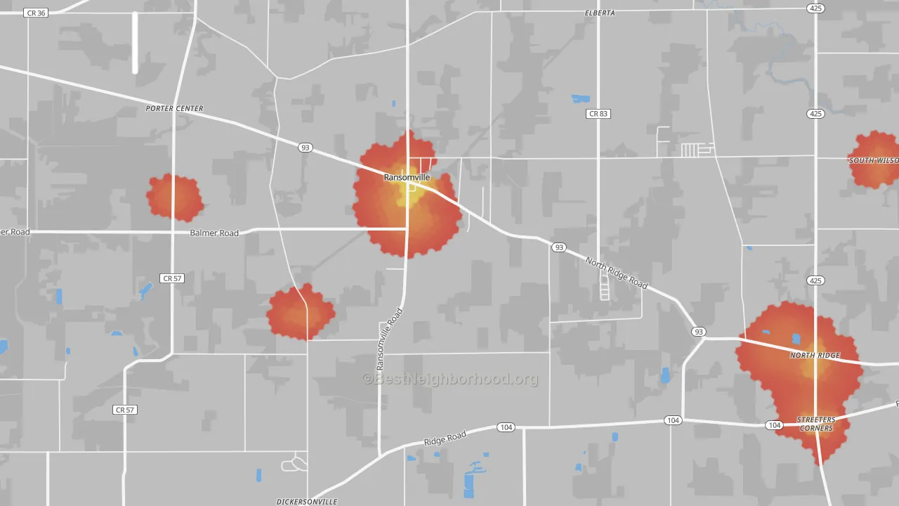 Walk Grade map of Ransomville, NY, walkable areas in green and car-dependent areas in red