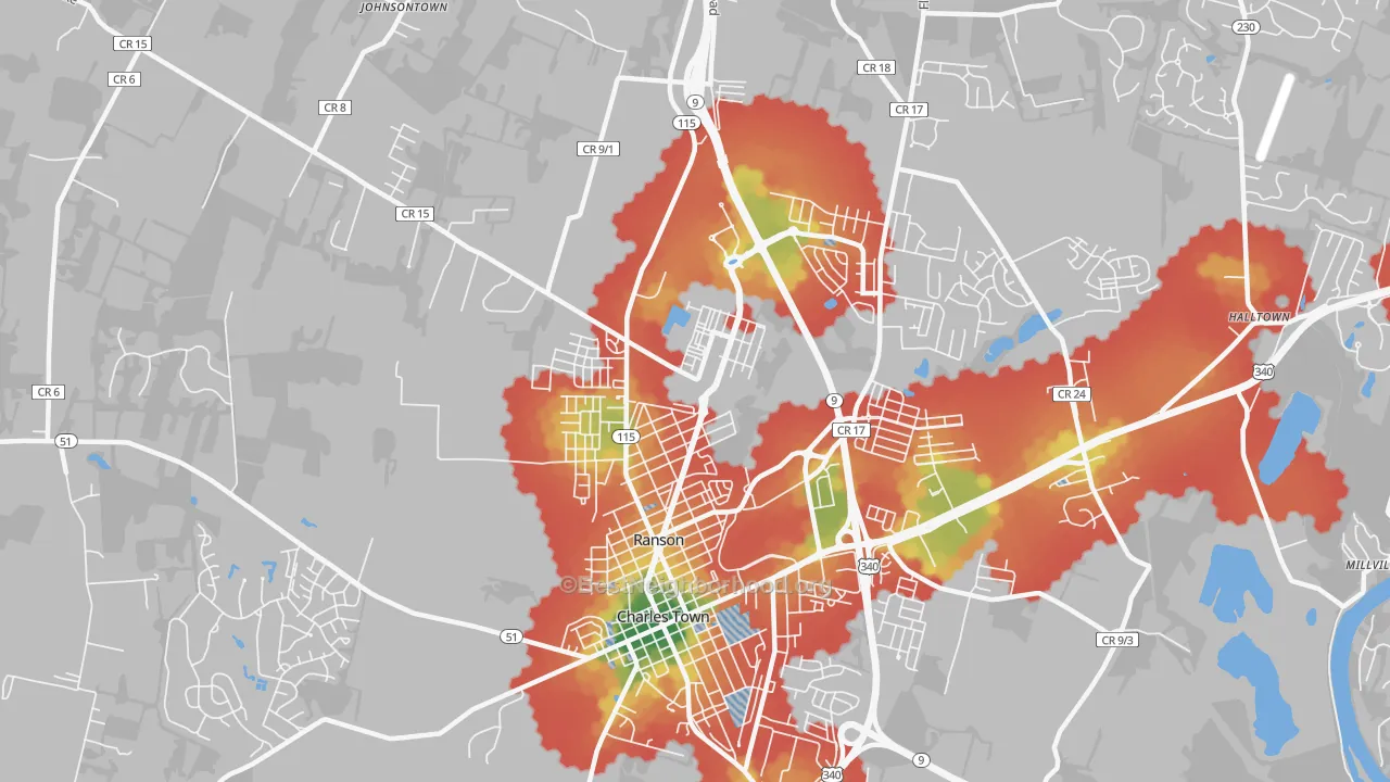 Walk Grade map of Ranson, WV, walkable areas in green and car-dependent areas in red