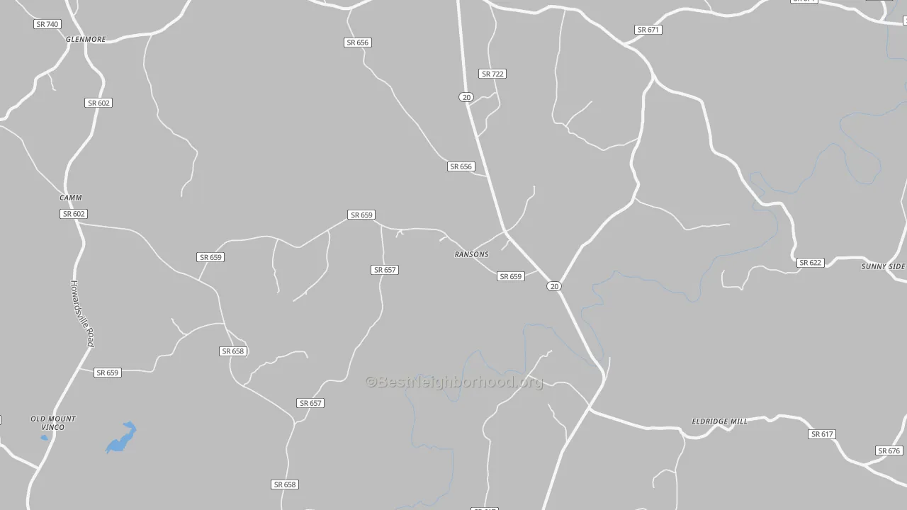 Walk Grade map of Ransons, VA, walkable areas in green and car-dependent areas in red