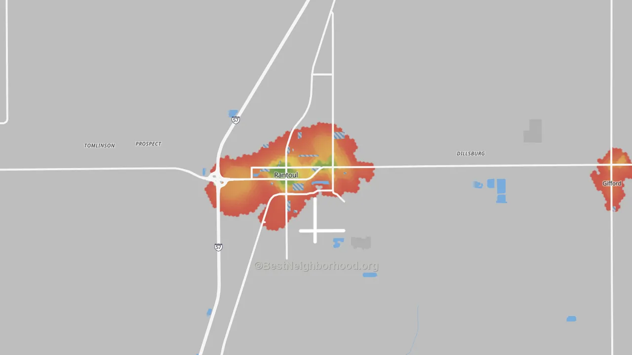 Walk Grade map of Rantoul, IL, walkable areas in green and car-dependent areas in red