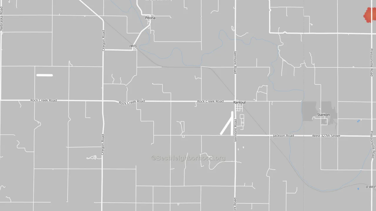 Walk Grade map of Rantoul, KS, walkable areas in green and car-dependent areas in red