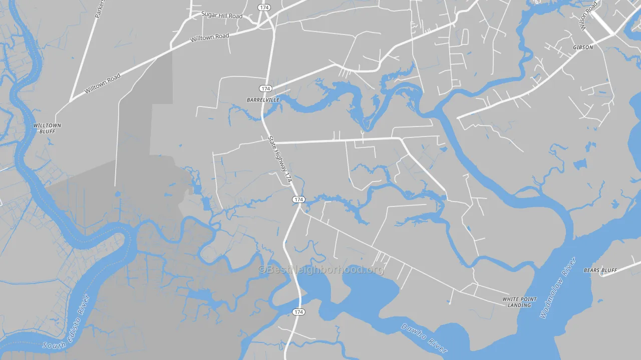 Walk Grade map of Rantowles, SC, walkable areas in green and car-dependent areas in red