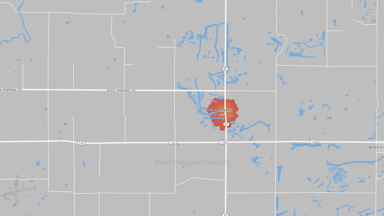 Walk Grade map of Rapatee, IL, walkable areas in green and car-dependent areas in red