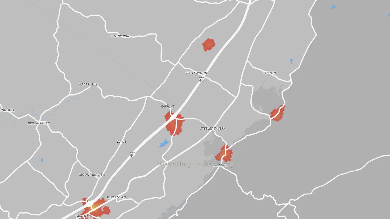 Walk Grade map of Raphine, VA, walkable areas in green and car-dependent areas in red
