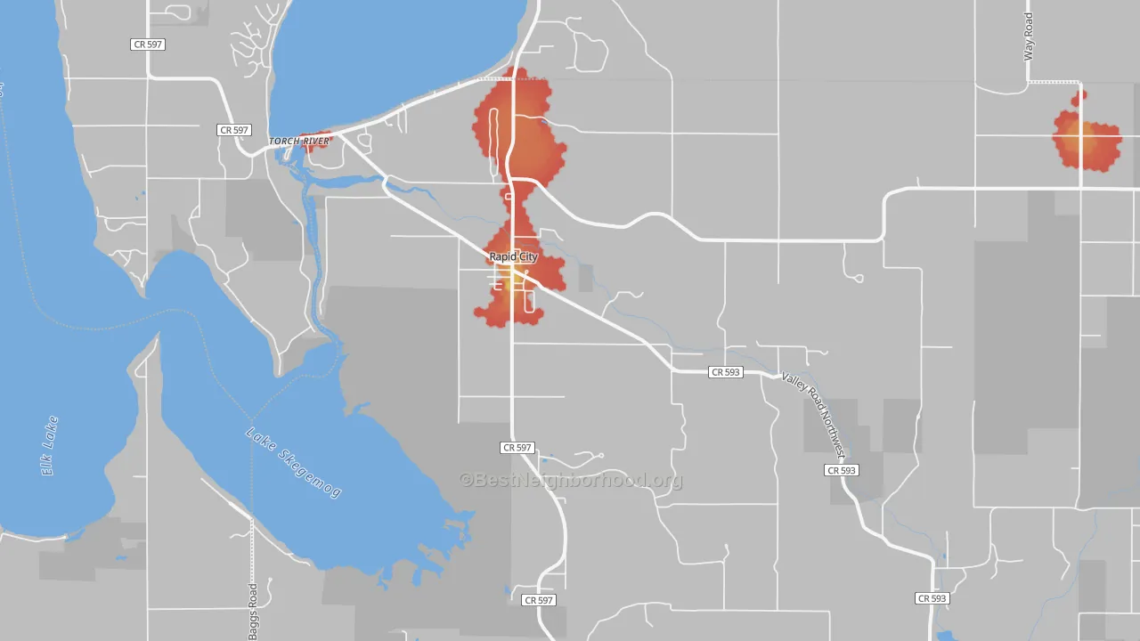 Walk Grade map of Rapid City, MI, walkable areas in green and car-dependent areas in red