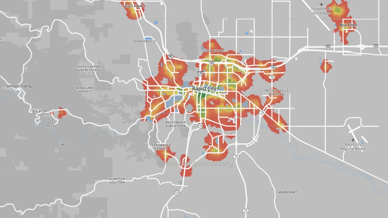 Walk Grade map of Rapid City, SD, walkable areas in green and car-dependent areas in red