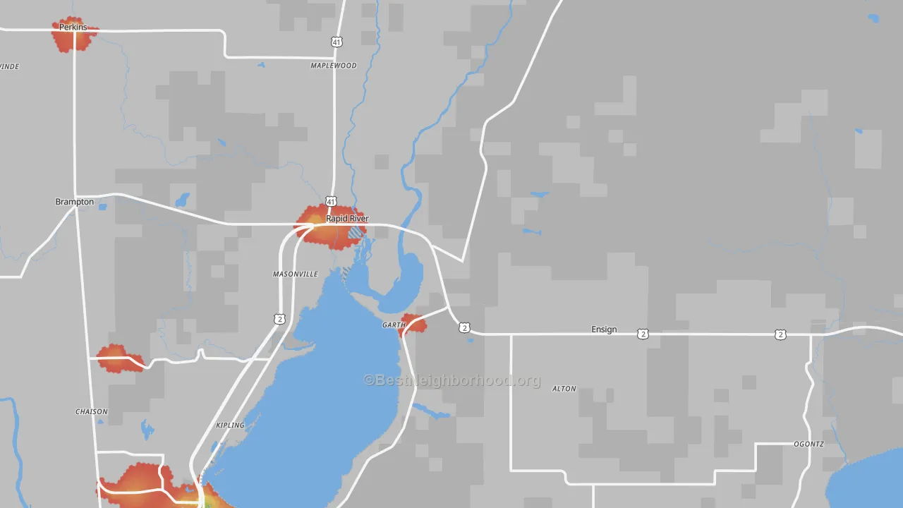 Walk Grade map of Rapid River, MI, walkable areas in green and car-dependent areas in red