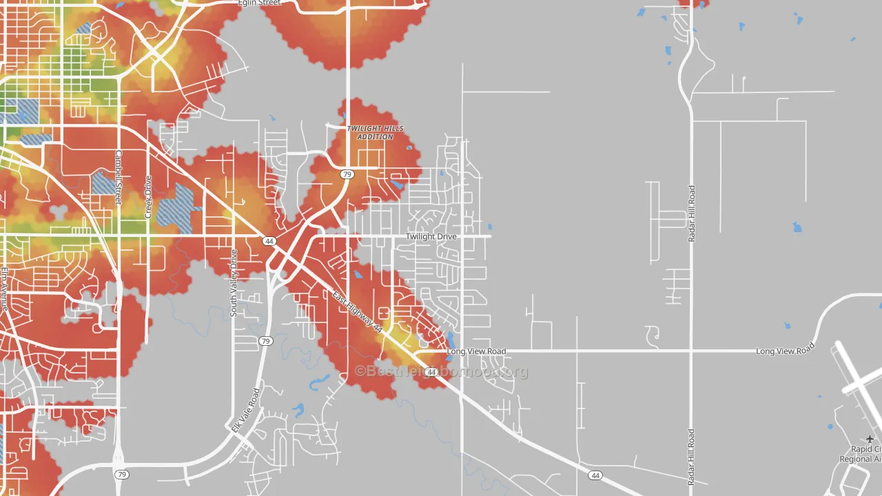 Walk Grade map of Rapid Valley, SD, walkable areas in green and car-dependent areas in red