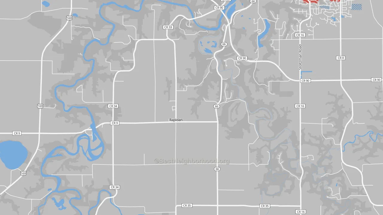 Walk Grade map of Rapidan, MN, walkable areas in green and car-dependent areas in red