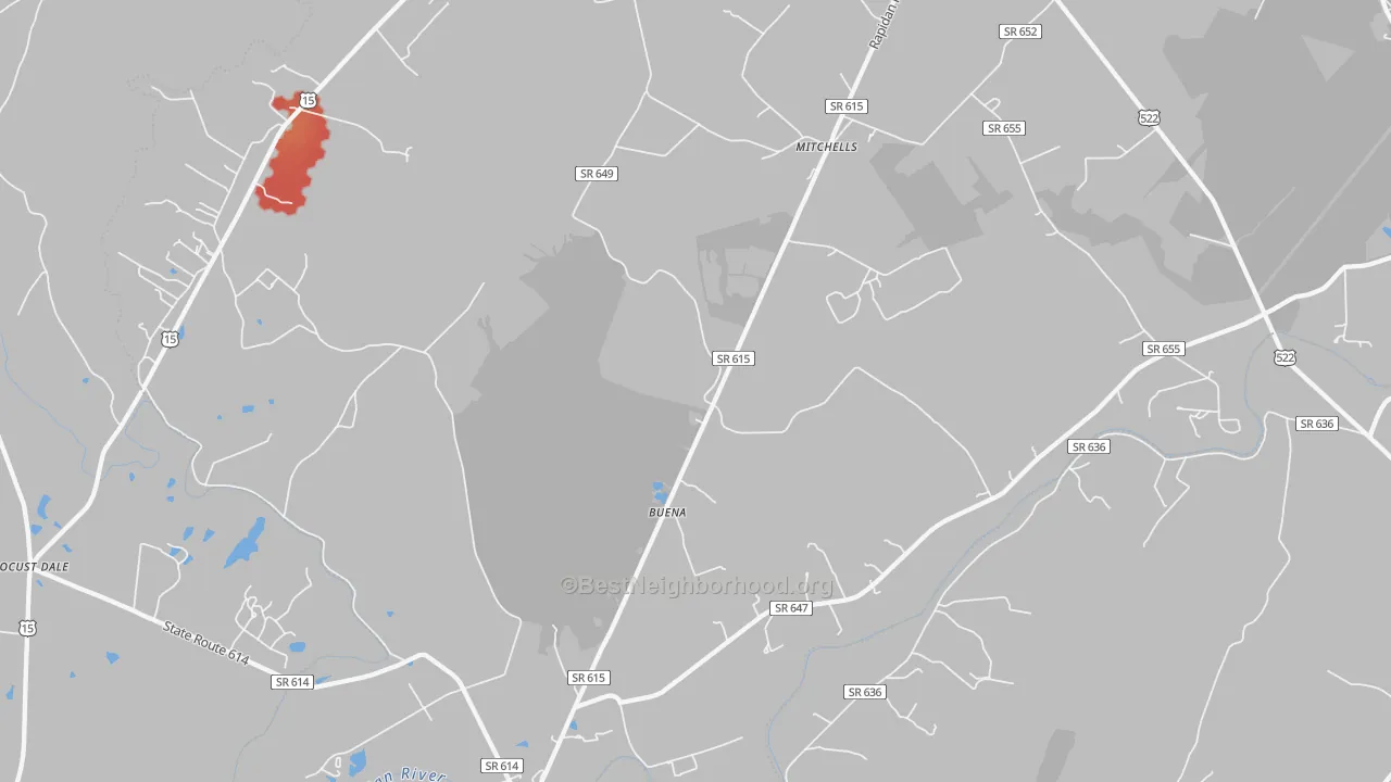 Walk Grade map of Rapidan, VA, walkable areas in green and car-dependent areas in red