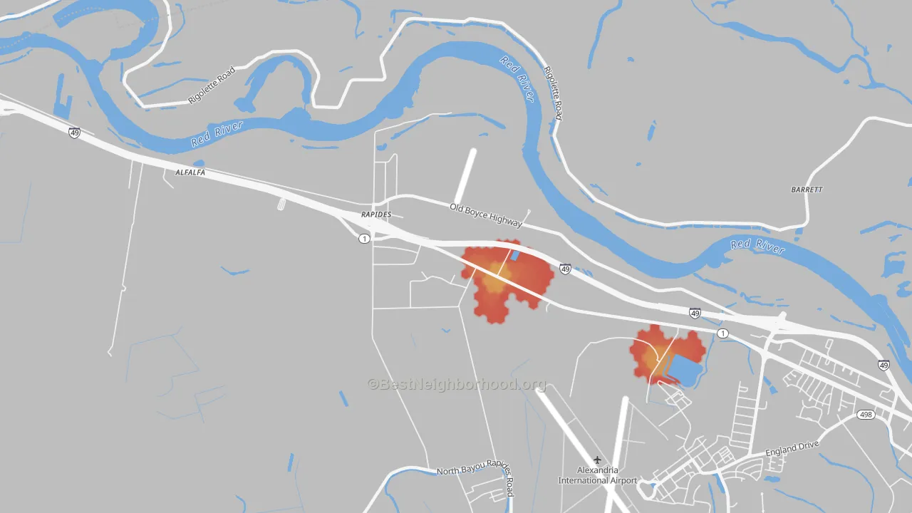 Walk Grade map of Rapides, LA, walkable areas in green and car-dependent areas in red