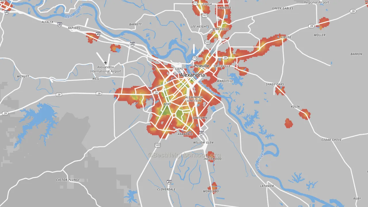 Walk Grade map of Rapides Parish, LA, walkable areas in green and car-dependent areas in red