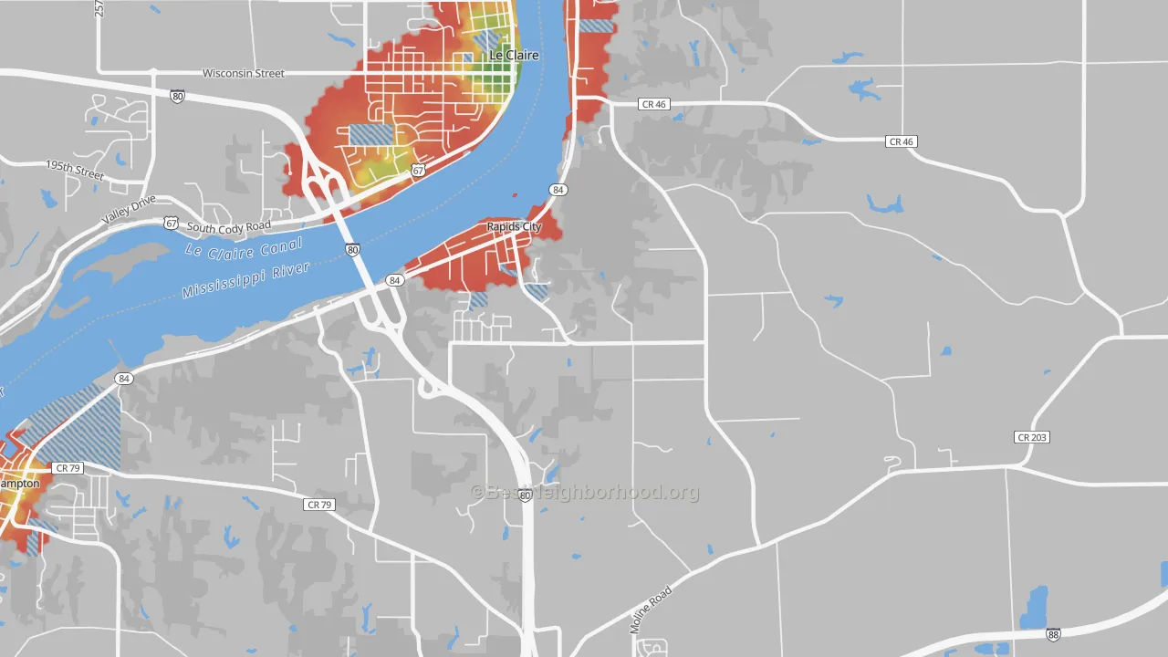 Walk Grade map of Rapids City, IL, walkable areas in green and car-dependent areas in red