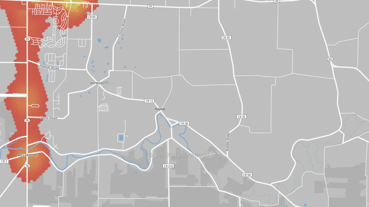 Walk Grade map of Rapids, NY, walkable areas in green and car-dependent areas in red