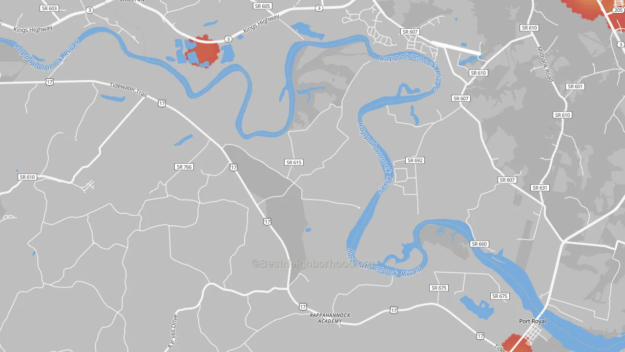 Walk Grade map of Rappahannock Academy, VA, walkable areas in green and car-dependent areas in red