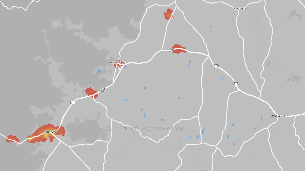 Walk Grade map of Rappahannock County, VA, walkable areas in green and car-dependent areas in red