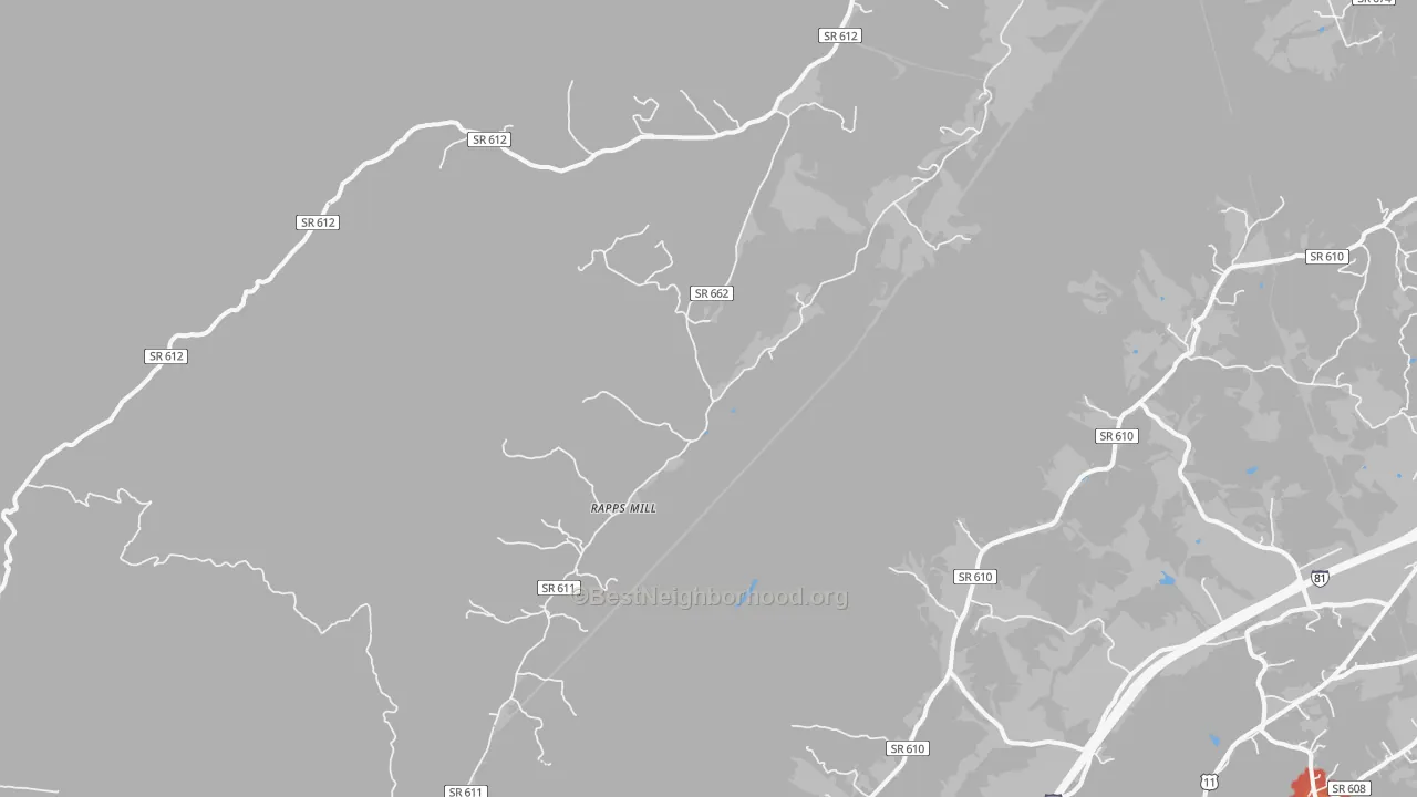 Walk Grade map of Rapps Mill, VA, walkable areas in green and car-dependent areas in red