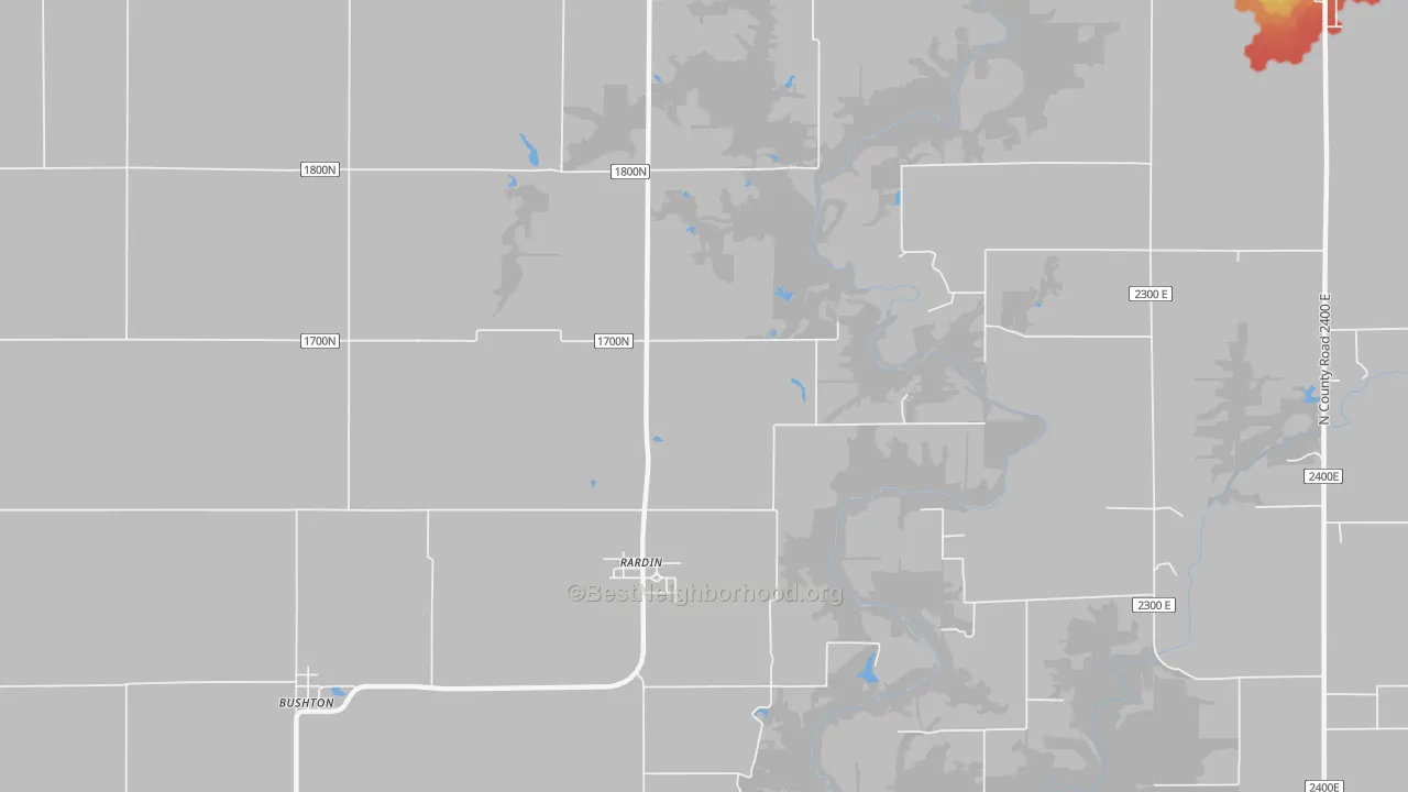 Walk Grade map of Rardin, IL, walkable areas in green and car-dependent areas in red
