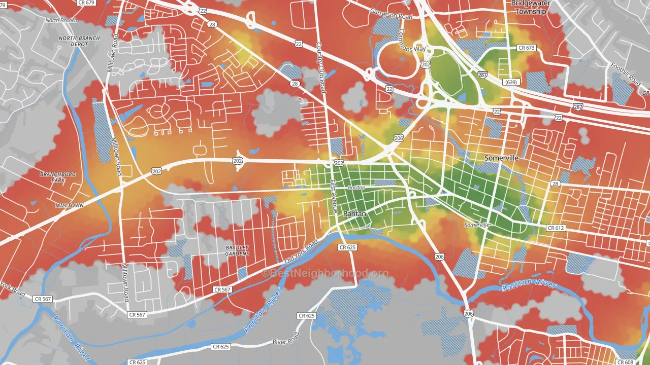 Walk Grade map of Raritan, NJ, walkable areas in green and car-dependent areas in red