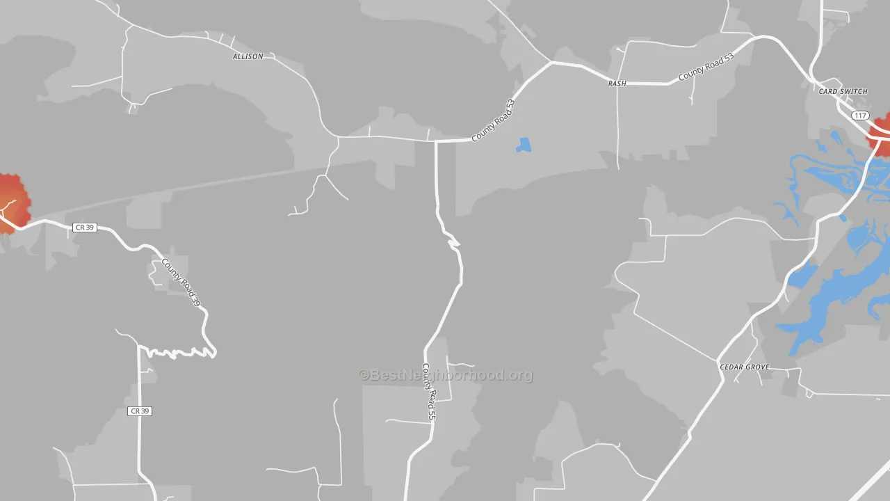 Walk Grade map of Rash, AL, walkable areas in green and car-dependent areas in red