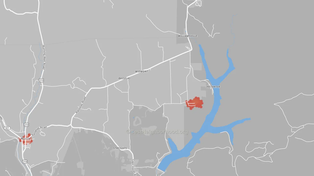 Walk Grade map of Rasselas, PA, walkable areas in green and car-dependent areas in red