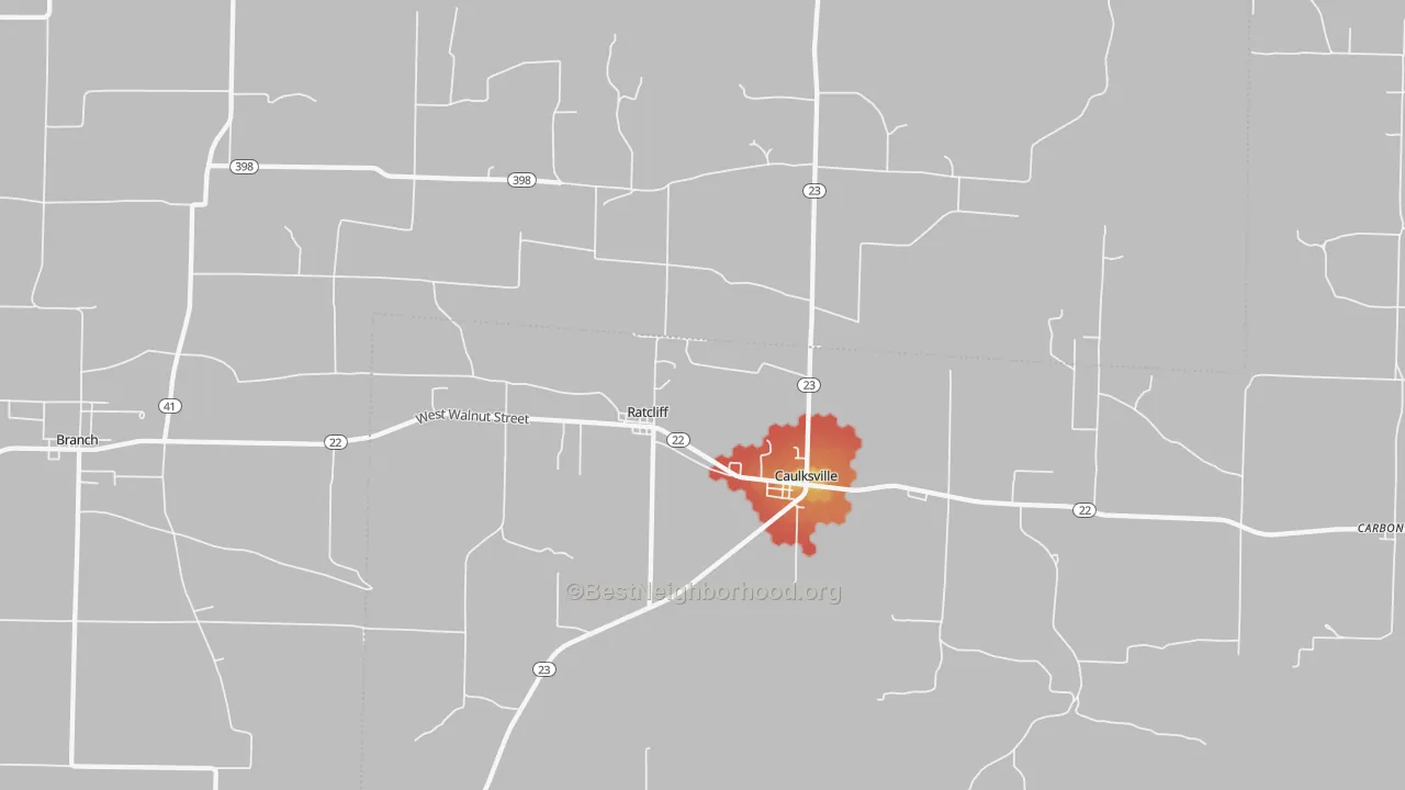 Walk Grade map of Ratcliff, AR, walkable areas in green and car-dependent areas in red